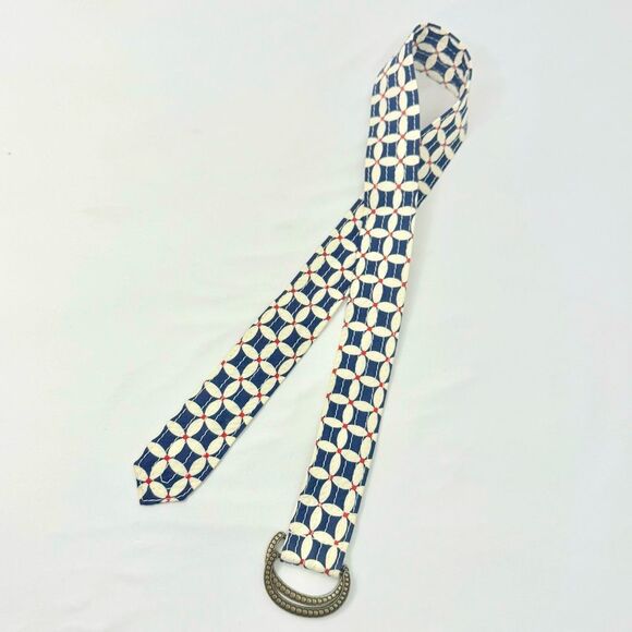 J. Crew Blue Red White Geometric Floral 100% Cotton Slide Buckle Fabric Belt - Picture 10 of 14